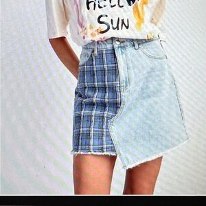 Easel Blue Plaid and Light Denim Mini Skirt
